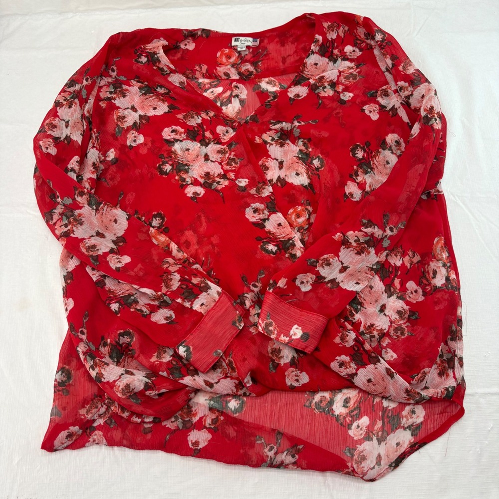 KUT from the Kloth Red Floral Chiffon Surplice Blouse V-Neck High-Low Large USA